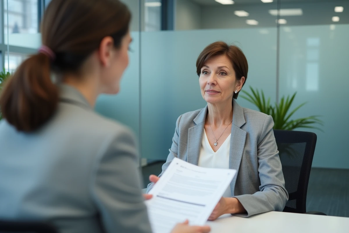Femme en rendez-vous dans une agence pour l'emploi, discutant de la validation de trimestres de retraite pendant une période de chômage