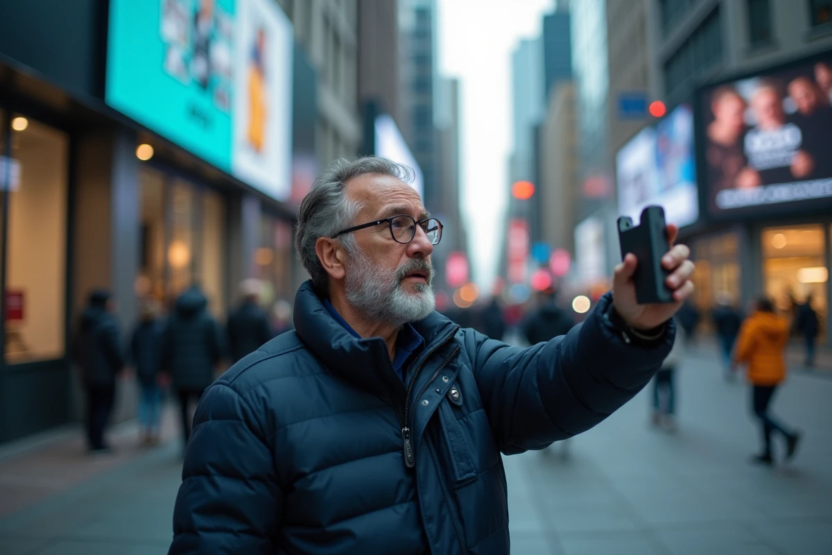 Homme filmant un événement urbain avec son smartphone dans une rue animée pour diffuser de l'information en temps réel