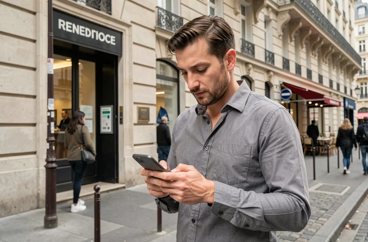 Homme utilisant une application bancaire mobile devant une agence bancaire à Paris