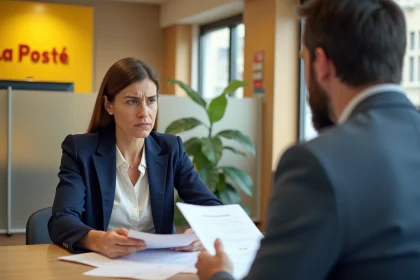Une cliente inquiète rencontre un conseiller à La Banque Postale pour résoudre une situation financière urgente