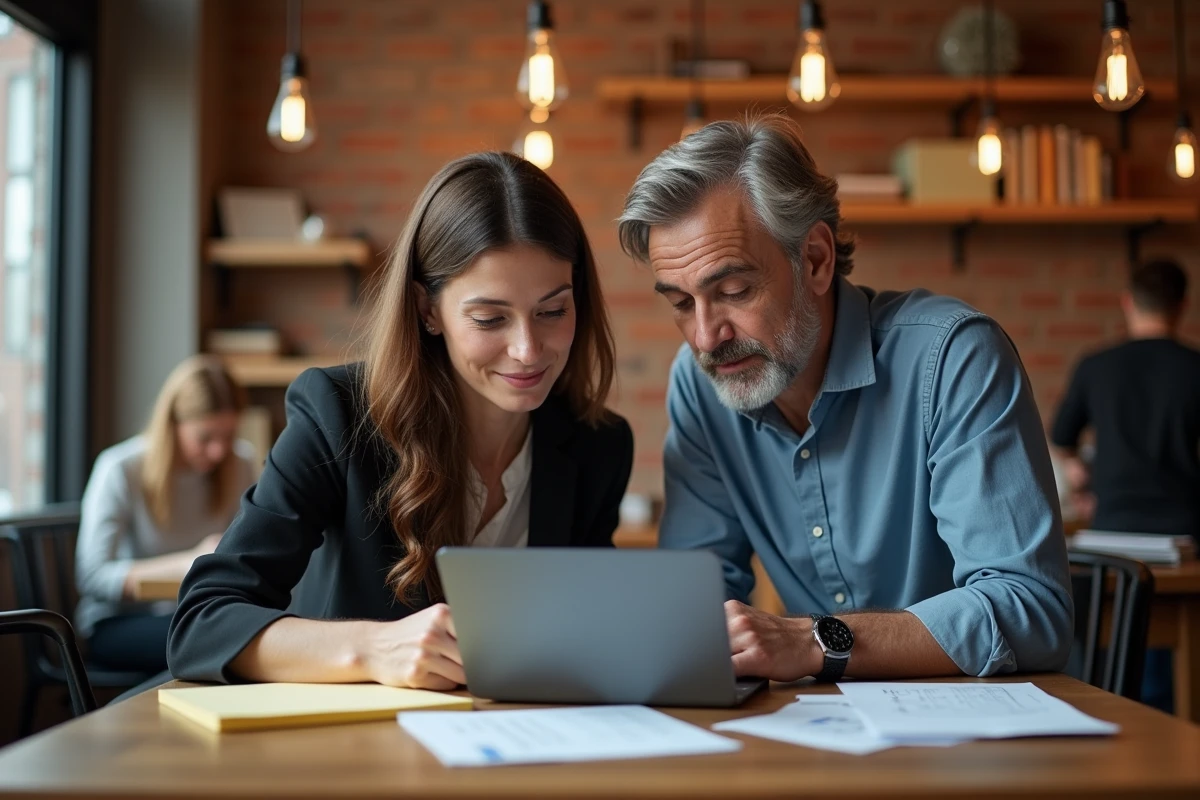 Deux professionnels analysant les indicateurs financiers EBE et résultat d'exploitation dans un espace de coworking