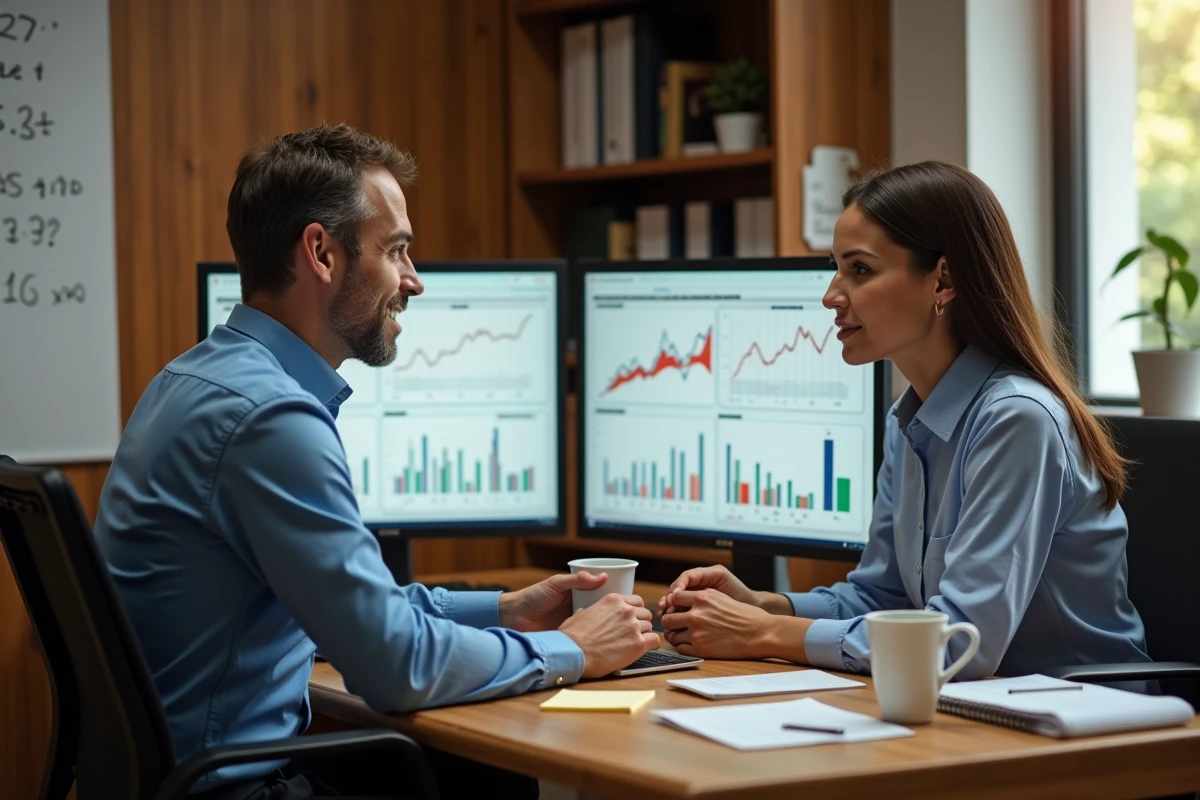 Deux professionnels collaborant sur une analyse des résultats financiers du quatrième trimestre devant des écrans d'ordinateur