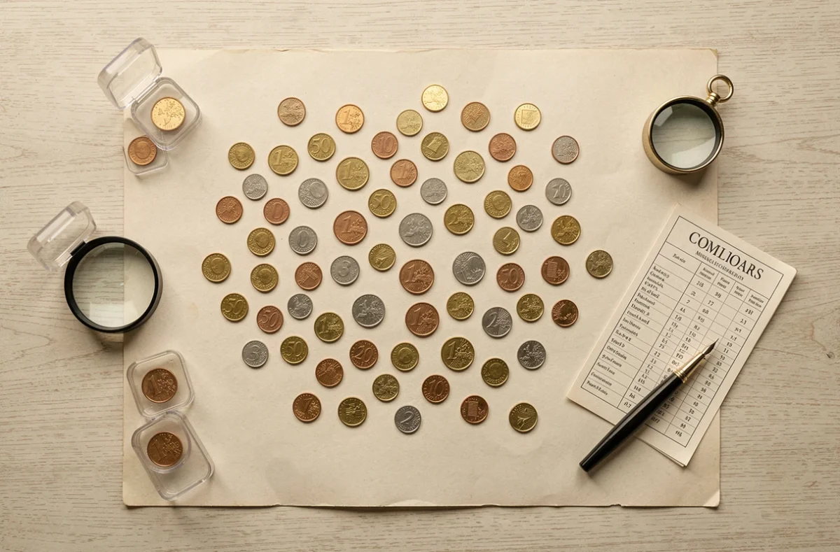 Vue de dessus d'une collection de pièces rares de 50 centimes avec guide numismatique et loupe de bijoutier sur papier ancien