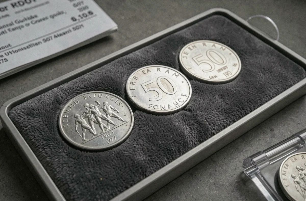 Trois pièces de 50 francs argent 1977 disposées sur un plateau de présentation en velours gris avec guide numismatique