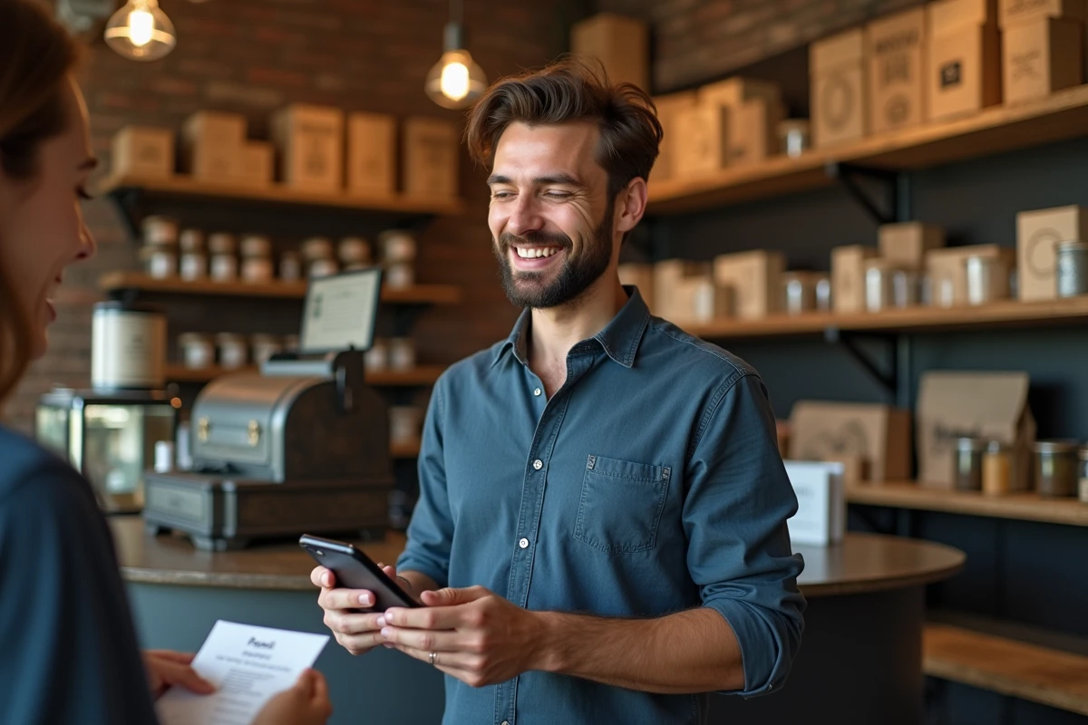 Commerçant indépendant validant un paiement PayPal sur smartphone dans sa boutique artisanale