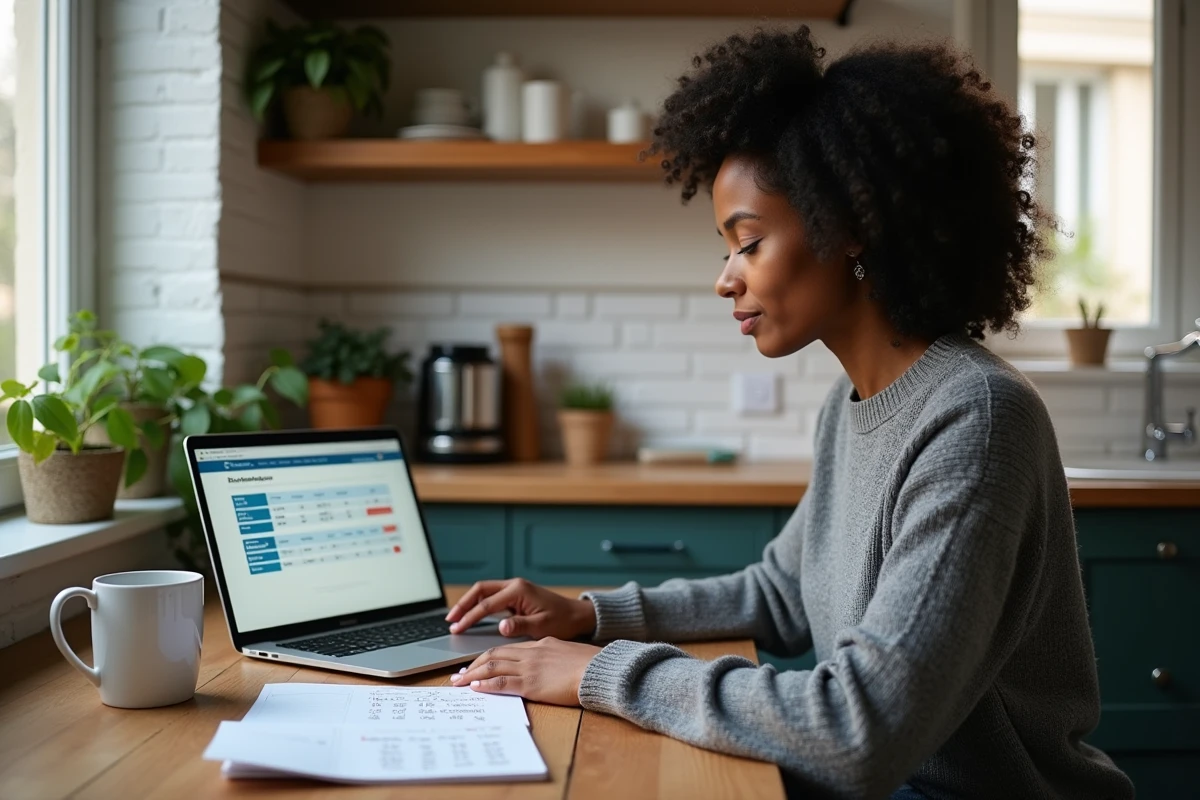 Une jeune femme compare des options de crédit immobilier sans apport sur son ordinateur portable chez elle