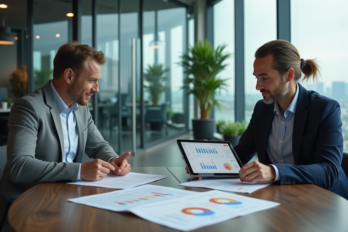 Deux professionnels comparant les fonctionnalités et la fiabilité de Trust Wallet lors d'une réunion en bureau moderne