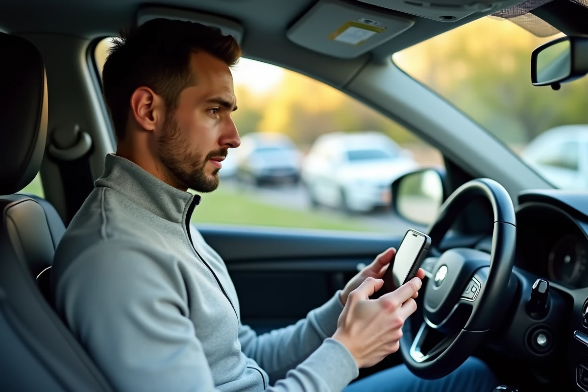 Homme assis dans sa voiture qui compare des offres d'assurance auto sur son smartphone, symbolisant le bon moment pour renégocier son contrat