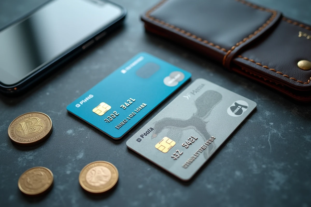 Comparatif de cartes bancaires prépayées posées sur une surface ardoise avec smartphone et portefeuille