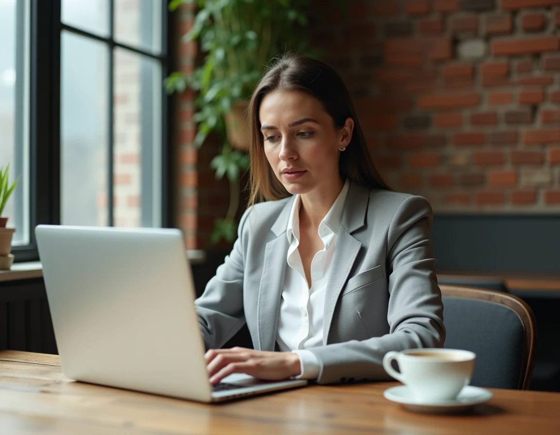 Femme professionnelle consultant un comparatif d'épargne salariale sur ordinateur portable dans un espace de coworking, évaluation des services et frais