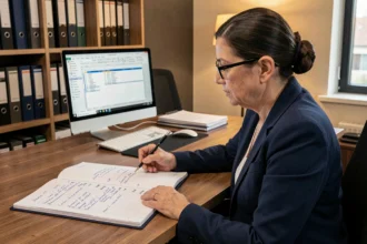Comptable examinant un plan comptable détaillé avec numérotation des comptes dans un bureau professionnel