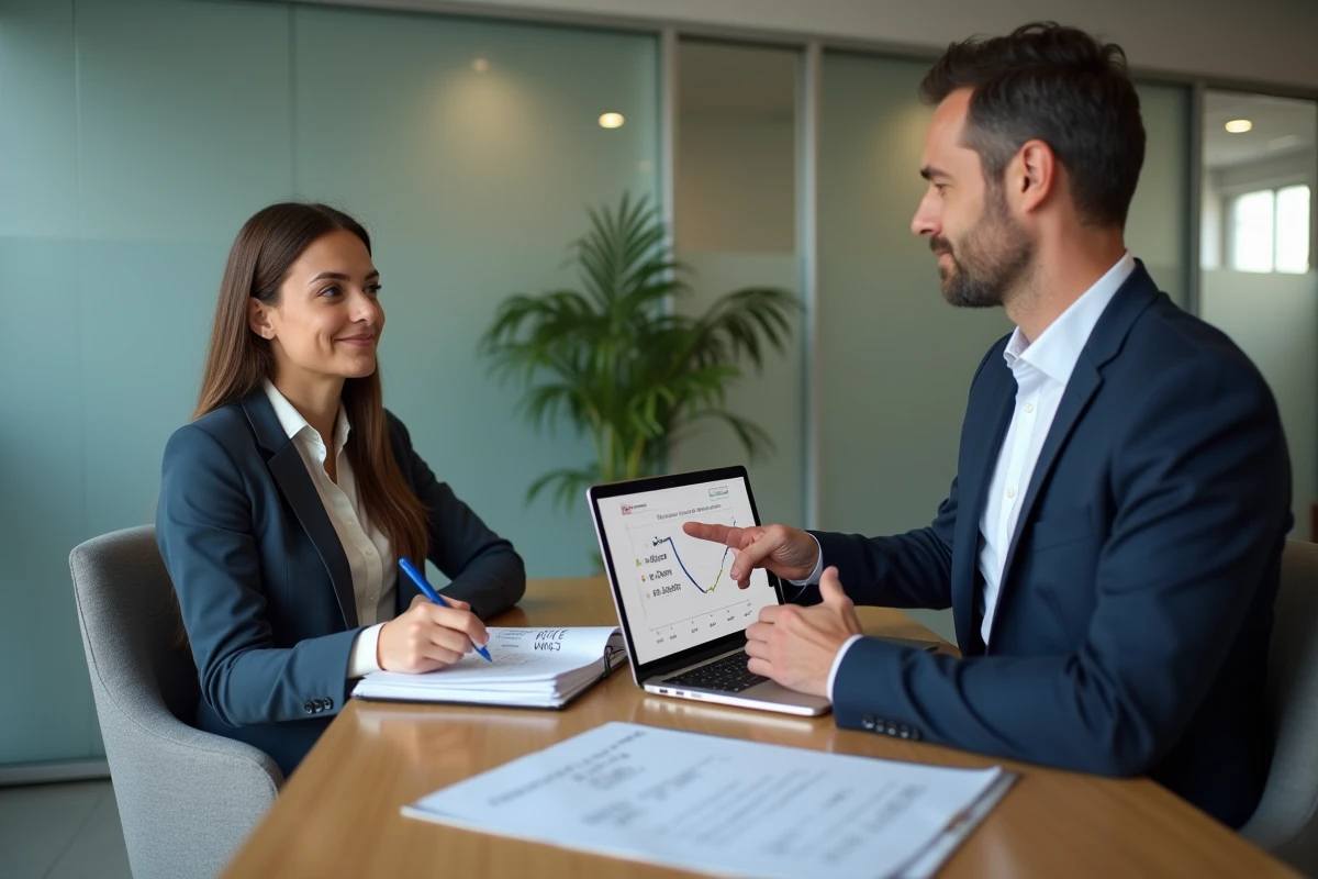 Femme consultant un conseiller bancaire pour simuler un emprunt de 220 000 euros sur 25 ans avec calcul de salaire requis