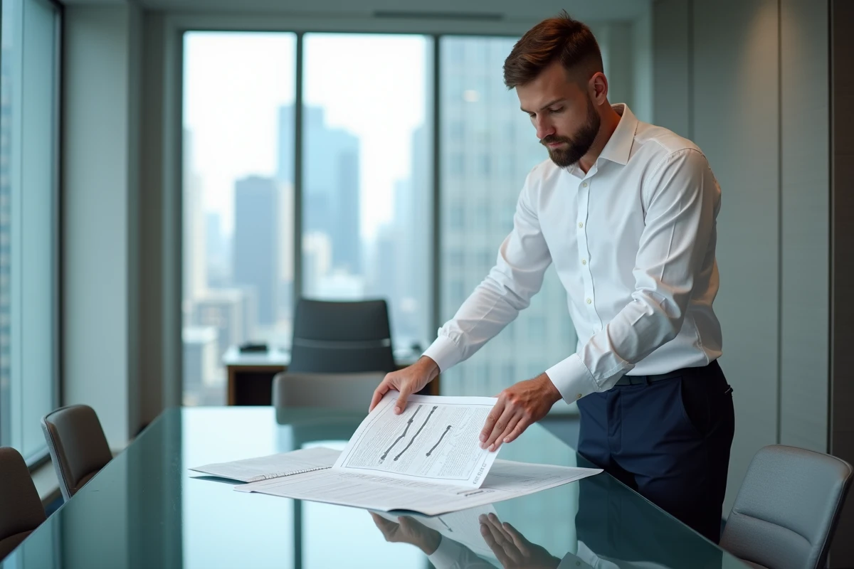 Conseiller financier présentant un calendrier de distribution de succession dans un bureau professionnel moderne