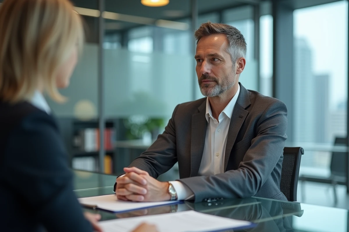 Conseiller financier présentant les modalités de regroupement de pensions à un client en bureau