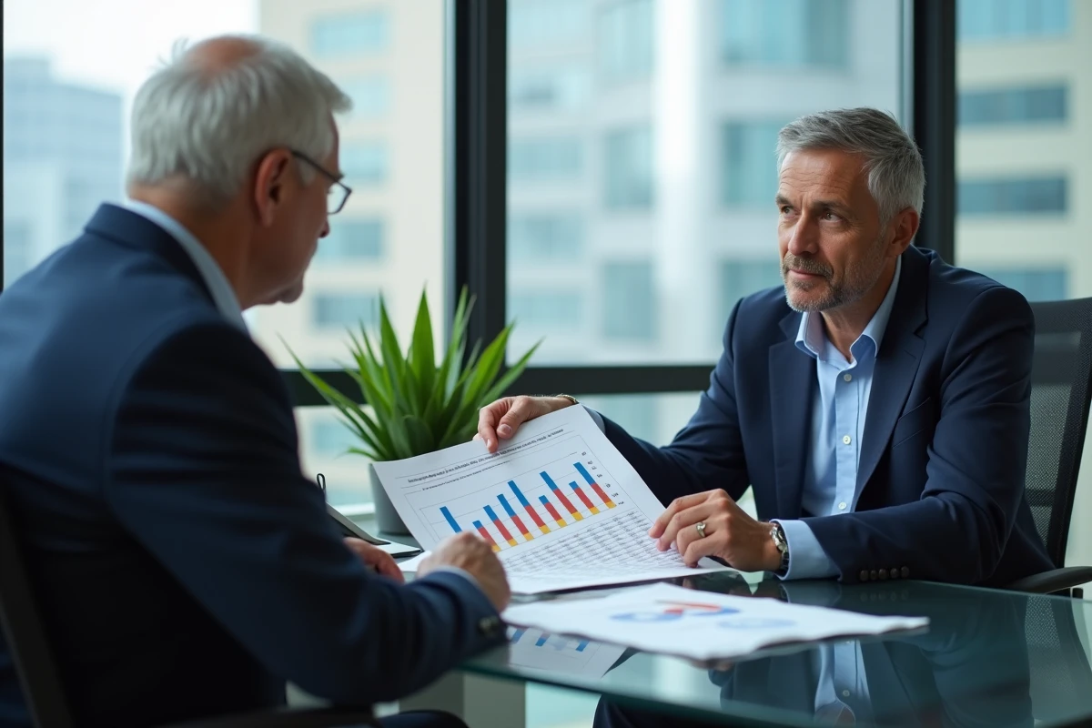 Conseiller financier expliquant les critères de retraite complémentaire à un client senior