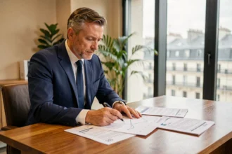 Conseiller financier analysant des documents de rendement SCPI en assurance vie dans un bureau moderne à Paris
