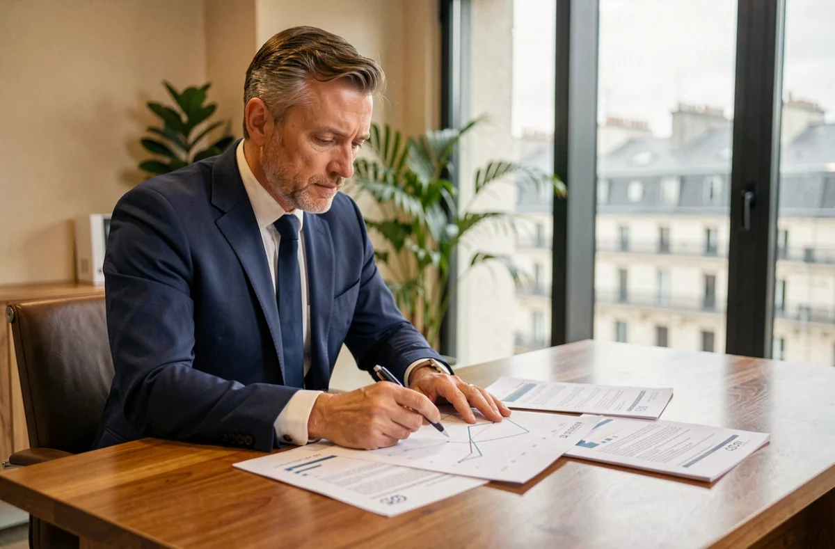 Conseiller financier analysant des documents de rendement SCPI en assurance vie dans un bureau moderne à Paris