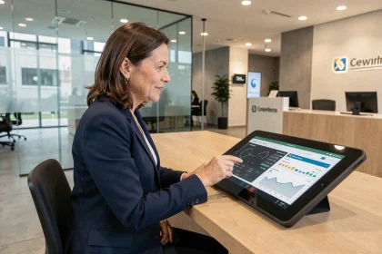 Conseillère bancaire utilisant une tablette numérique dans une agence bancaire moderne française