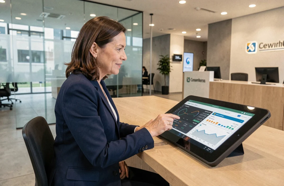 Conseillère bancaire utilisant une tablette numérique dans une agence bancaire moderne française