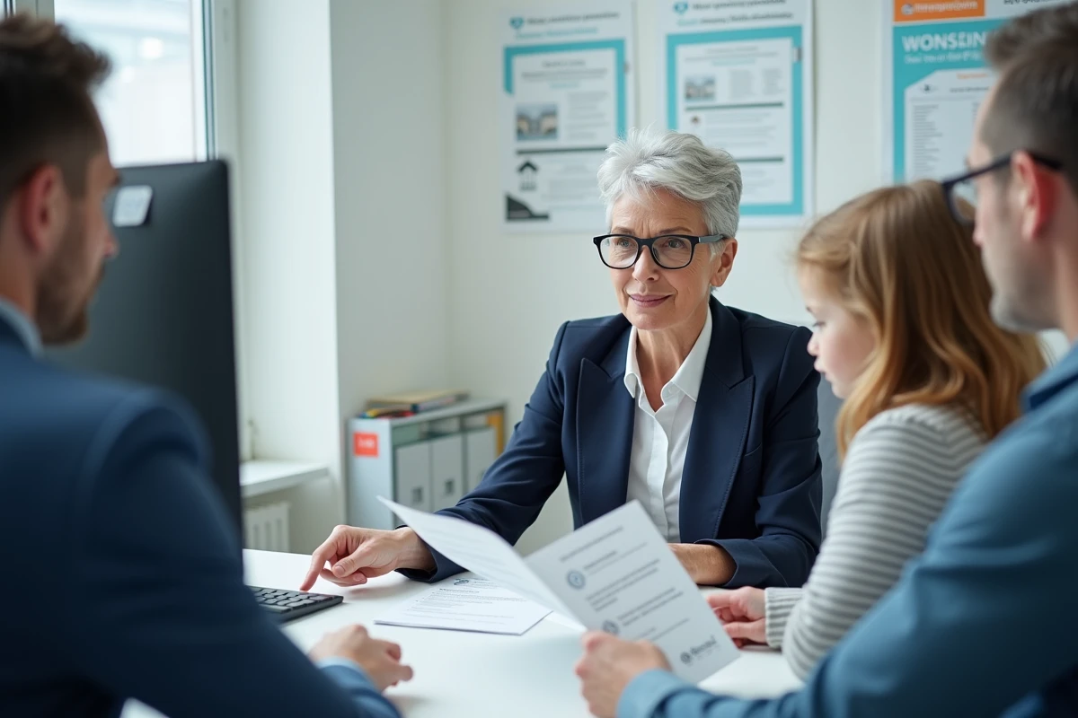 Conseillère CAF expliquant les aides à l'achat immobilier à un jeune couple dans un bureau d'accueil social