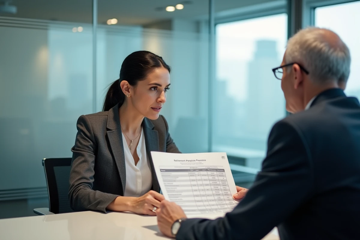 Conseillère financière expliquant les méthodes de calcul de la pension de retraite à un client dans un bureau professionnel
