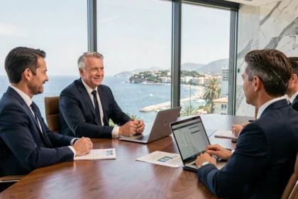 Conseiller en gestion de patrimoine dans un bureau moderne avec vue sur la Côte d'Azur, discutant avec des clients