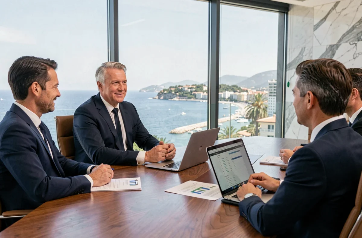 Conseiller en gestion de patrimoine dans un bureau moderne avec vue sur la Côte d'Azur, discutant avec des clients