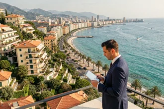 Un conseiller en investissement immobilier consulte des documents sur une terrasse avec vue panoramique sur la Côte d'Azur et la ville de Nice