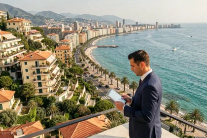 Un conseiller en investissement immobilier consulte des documents sur une terrasse avec vue panoramique sur la Côte d'Azur et la ville de Nice
