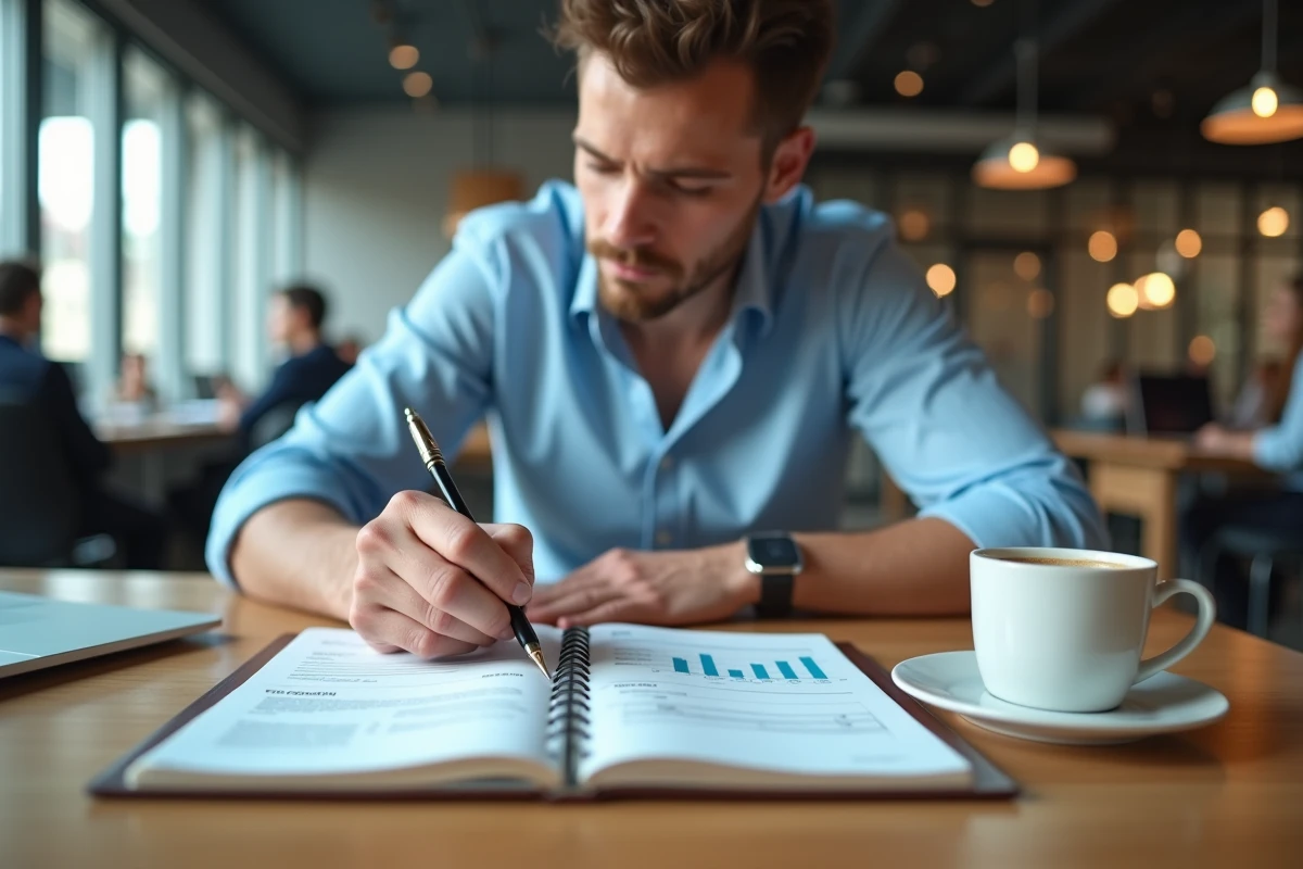 Consultant rédigeant les sections essentielles d'un business plan dans un espace de coworking moderne