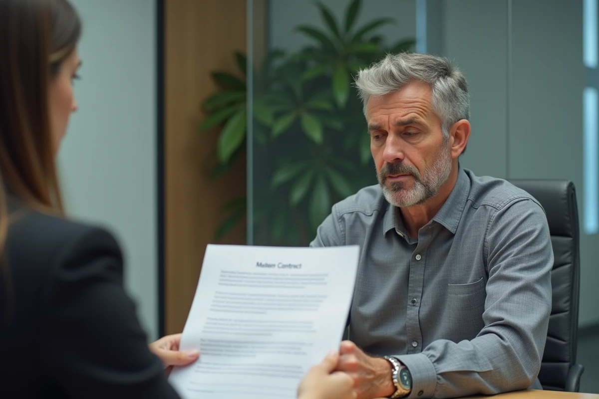 Client et agent d'assurance discutant d'une annulation de contrat dans un bureau professionnel