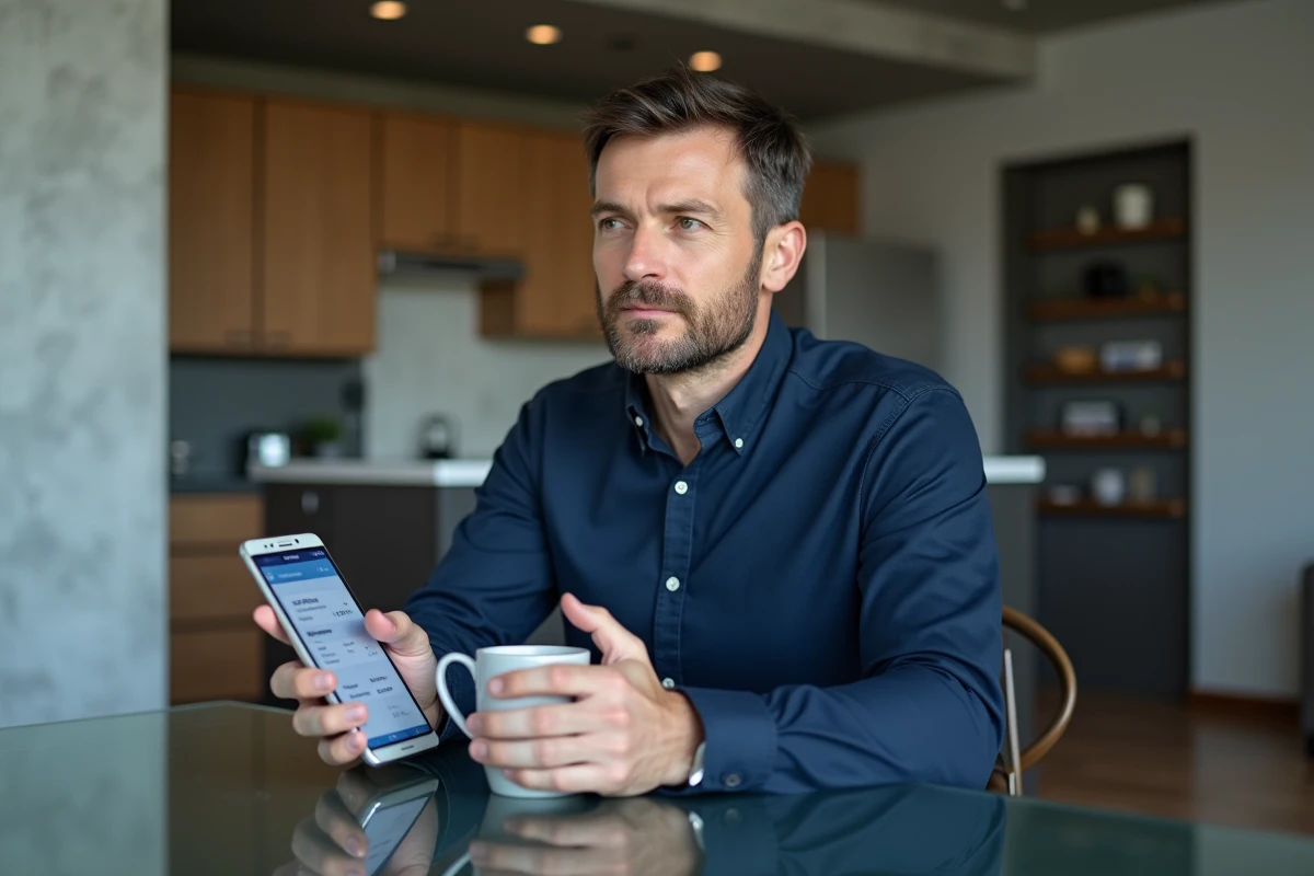 Homme consultant son application bancaire sur smartphone pour gérer ses placements sans agence