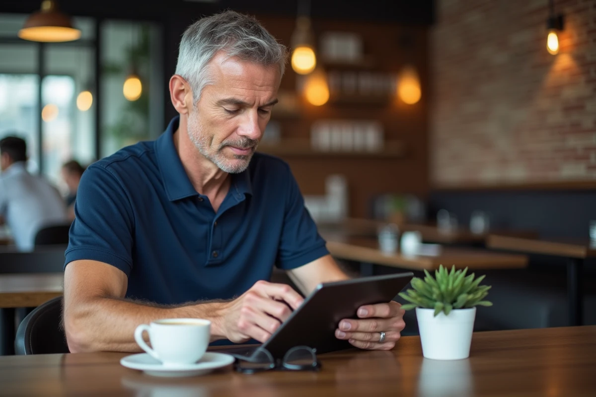 Homme consultant son espace assurance en ligne sur une tablette dans un café moderne