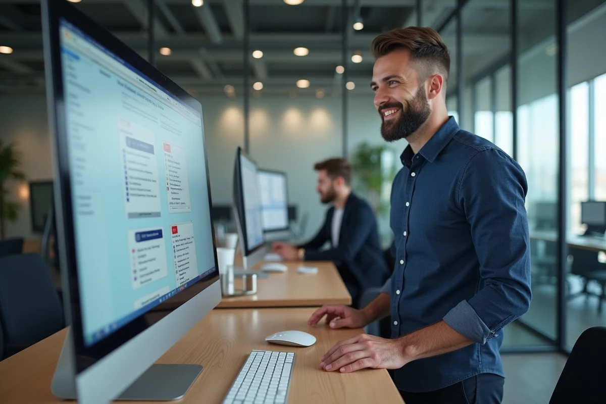 Homme consultant ses anciens bulletins de salaire archivés sur un portail numérique depuis son bureau professionnel