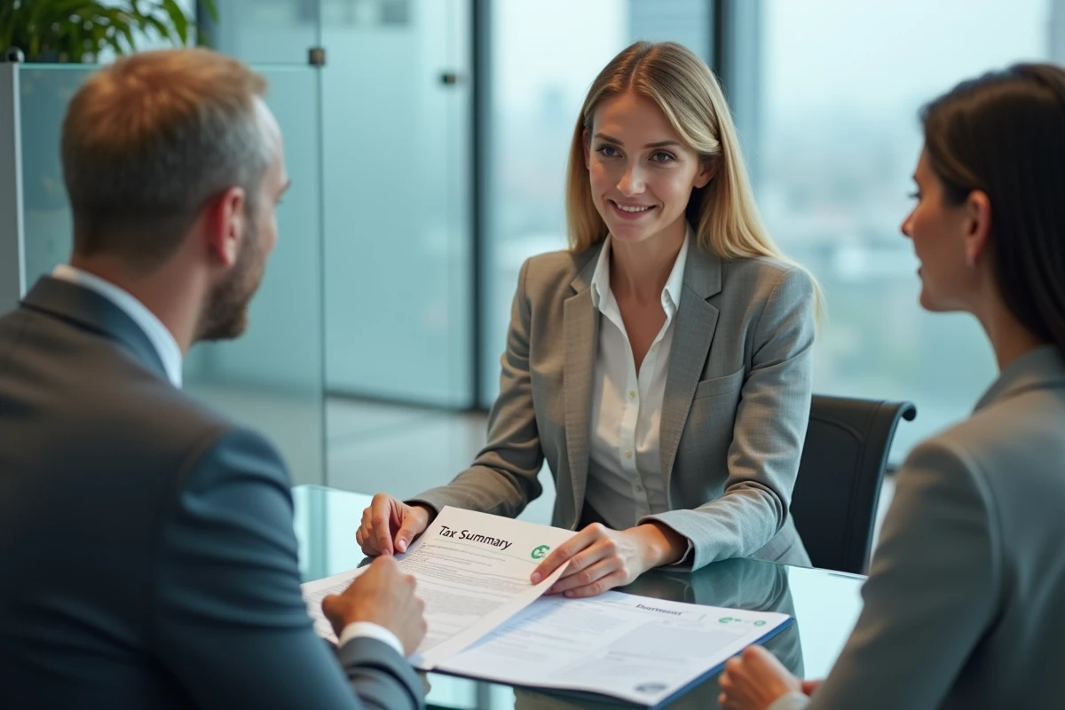 Femme consultant un conseiller fiscal dans un bureau moderne pour comprendre les règles de TVA en tant que particulier