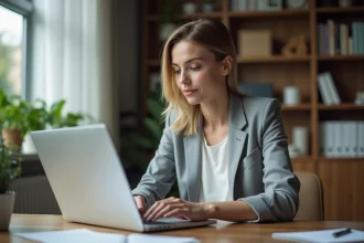 Femme consultant un fichier administratif sur son ordinateur portable depuis son bureau à domicile