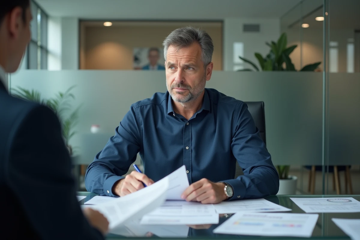 Homme en rendez-vous bancaire consultant son dossier Préventel avec un conseiller financier