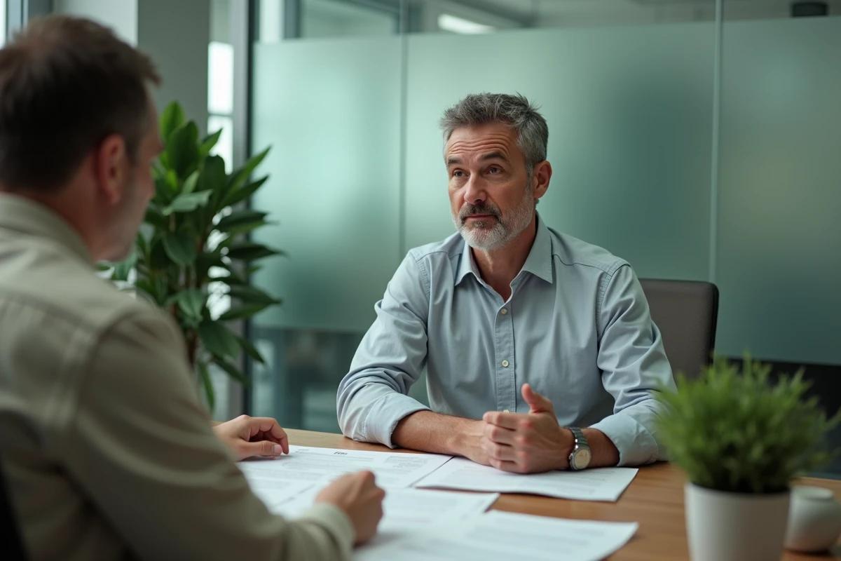 Homme en consultation avec un conseiller pour déterminer son régime d'affiliation sociale dans une agence administrative