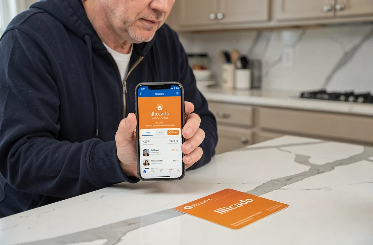 Homme consultant le solde d'une carte cadeau Illicado via son smartphone dans une cuisine moderne