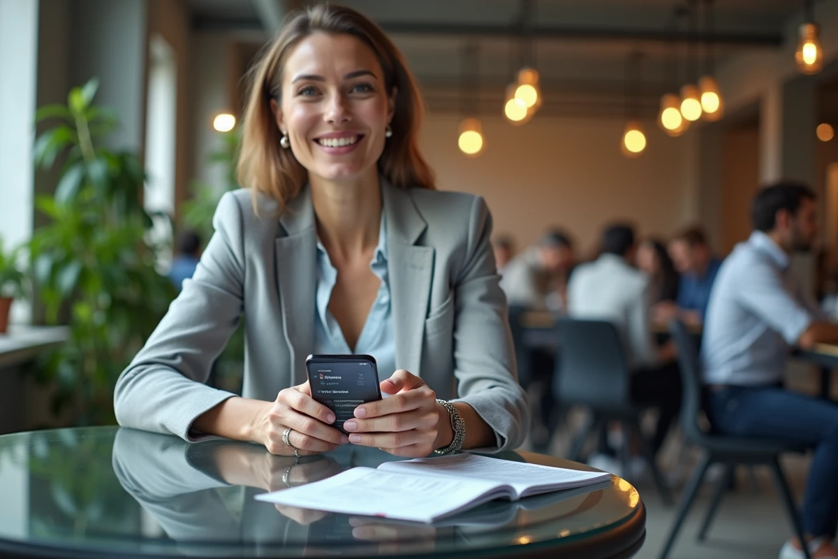 Femme consultant une application d'échange de cryptomonnaies pour convertir des Bitcoins en euros dans un espace de coworking