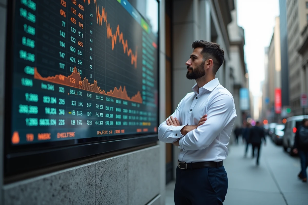 Homme d'affaires observant un tableau de cotations boursières en milieu urbain, symbolisant les conséquences de l'actualité économique