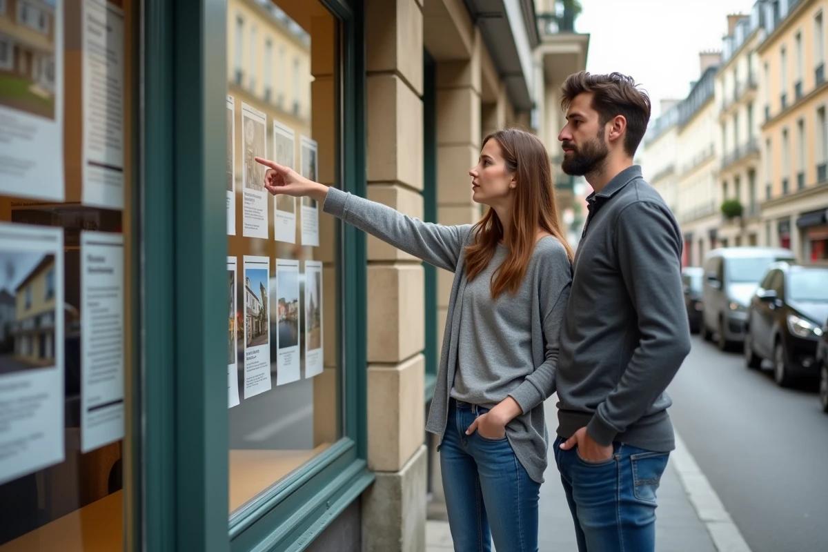 Un couple examine des annonces immobilières devant une agence pour un achat sans apport personnel