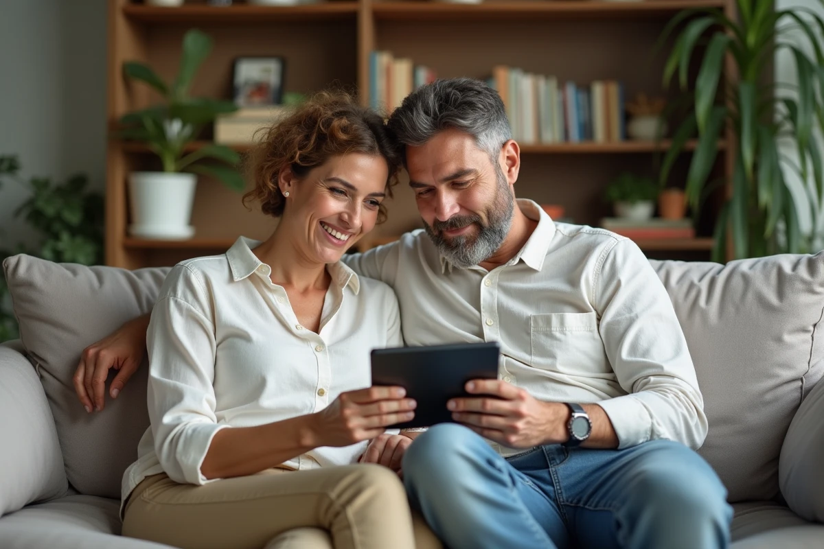 Couple consultant une application de fidélité sur tablette dans leur salon pour suivre leurs points de récompense
