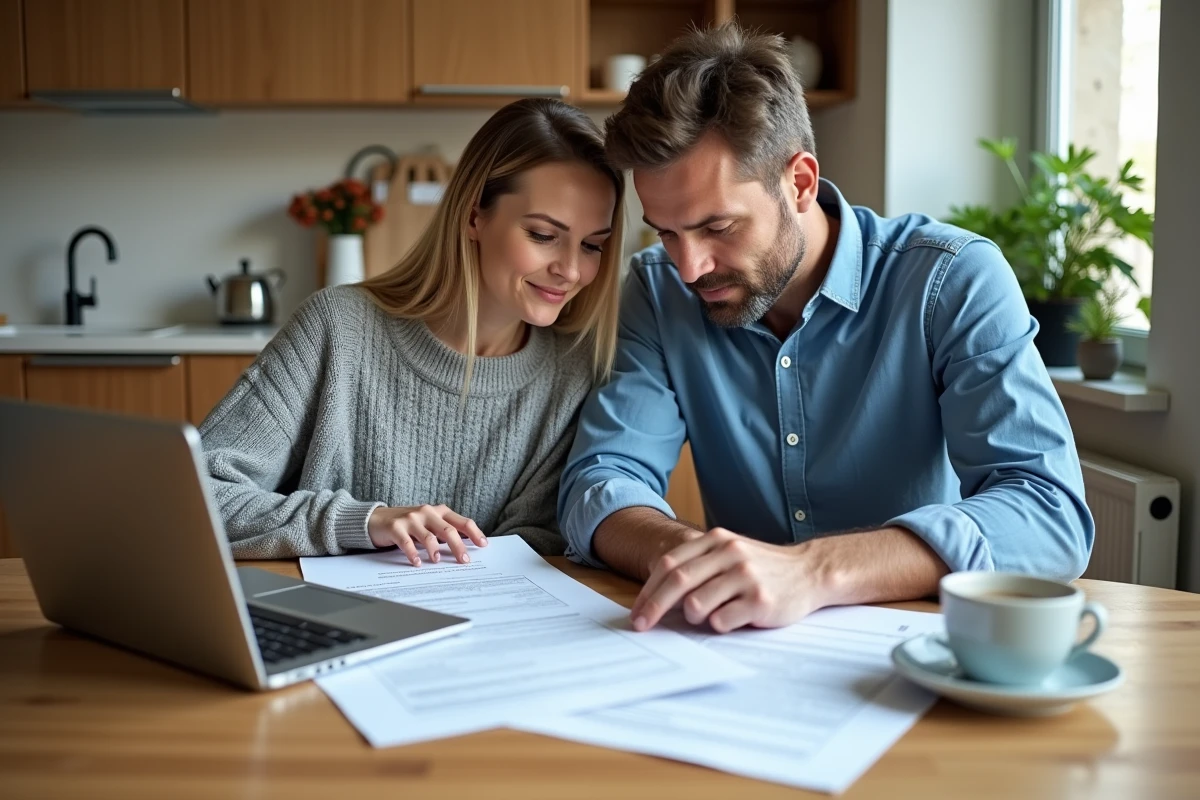 Un couple étudie leur contrat d'assurance de prêt immobilier à domicile sur une table de cuisine