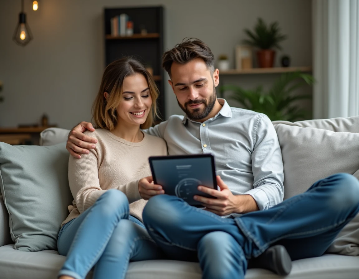 Couple consultant leur compte bancaire en ligne sur une tablette dans leur salon