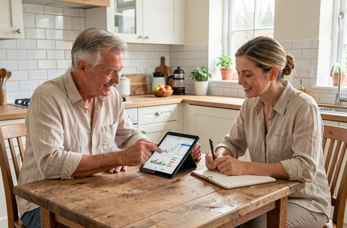 Couple de particuliers consultant un portefeuille SCPI sur tablette dans une cuisine familiale contemporaine
