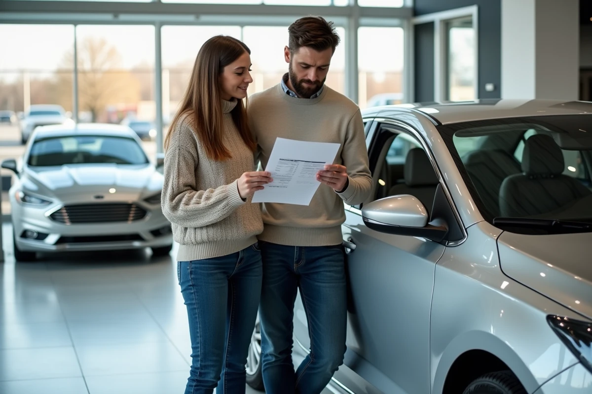 Un couple examine une offre de crédit voiture dans une concession automobile en discutant de leur apport