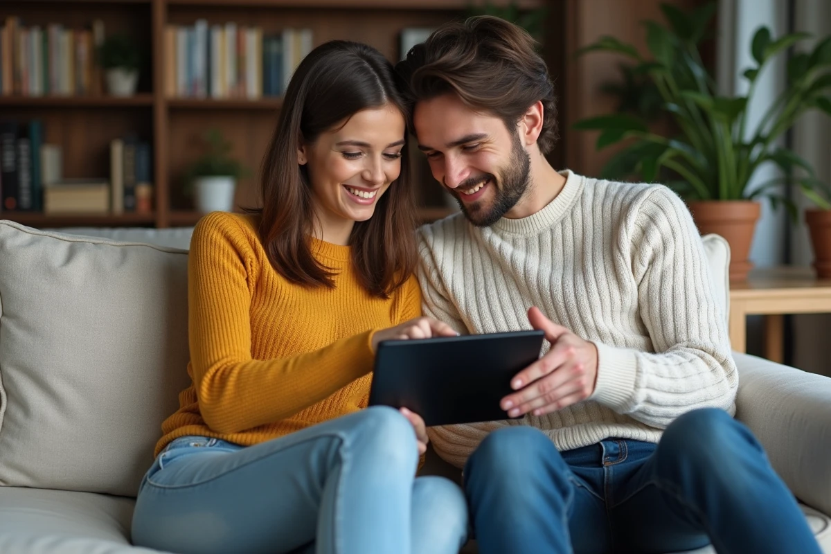 Couple vérifiant le délai d'un virement immédiat sur une tablette dans un salon contemporain
