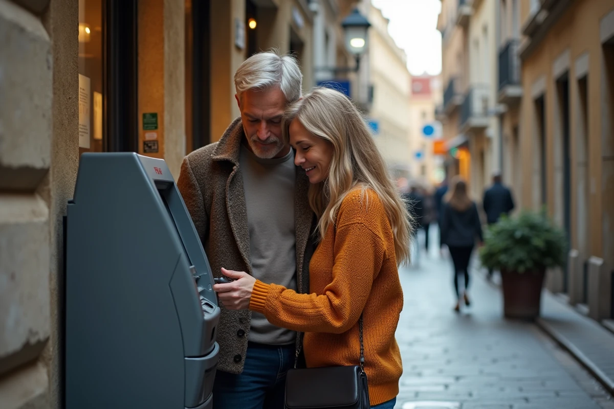 Un couple utilise un distributeur automatique HSBC dans une rue urbaine européenne pour gérer leur argent