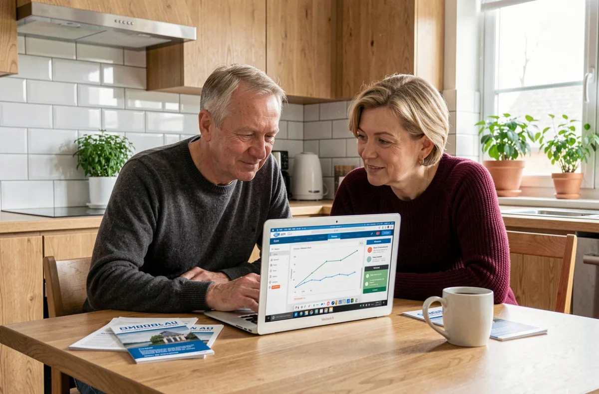 Couple d'épargnants consultant une plateforme SCPI sur ordinateur portable dans une cuisine moderne